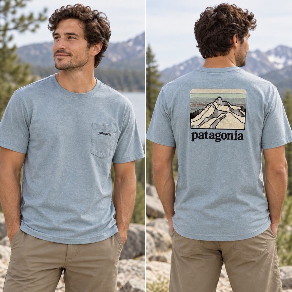 Patagonia Responsibili-Tee Men’s L Blue Pocket T-Shirt Mountain Back Graphic